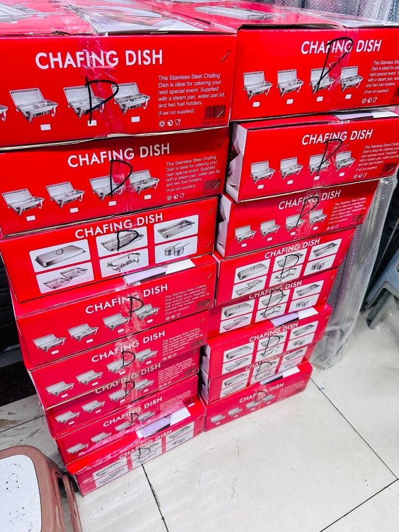 Stainless Steel Chafing Dish for Events (Category: Other Kitchenware & Tableware) located in Manila. Submitted by jhonlexlim0517 (Listing ID 1457509300, Image 3). Description: - High-quality stainless steel chafing dishes. - Ideal for parties, events, and gatherings. - Each set includes: 1 food pan, 1 water pan, 2 fuel holders. - All items are individually boxed for convenience. - Keep your food warm and presentable..