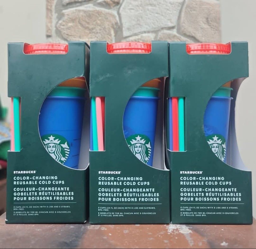 Starbucks Color Changing Cold Cups (Category: Water Bottles & Tumblers) located in Manila. Submitted by ishmaelco12283 (Listing ID 1457377848, Image 2). Description: Set of 5 Starbucks reusable cold cups -Original from the USA -5 Color changing cups -Each insludes a lid and straw .