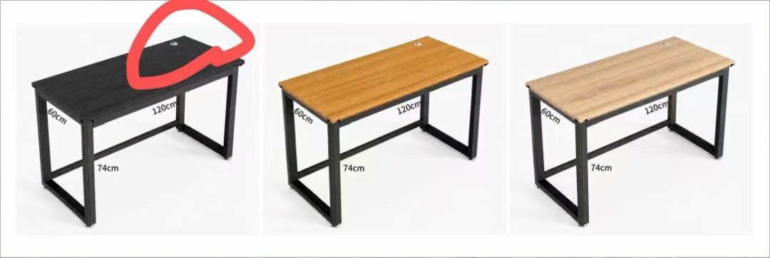 Study Desk / Computer Table - 120cm x 60cm (Category: Tables & Sets) located in Manila. Submitted by jhonlexlim0517 (Listing ID 1457507340, Image 1). Description: - Simple and sturdy study desk - Dimensions: 120cm (L) x 60cm (W) x 74cm (H) - Available tabletop colors: Black, Wood Grain, Light Wood, Dark Wood - Durable metal frame legs - Easy to assemble - Ideal for home office or study space.
