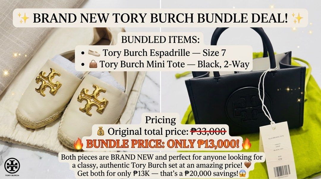 Tory Burch Espadrilles and Mini Tote Bundle (Category: Luxury Bags & Wallets) located in Dasmarinas. Submitted by berrylove_preloved (Listing ID 1457469647, Image 1). Description: 🚨 Tory Burch Steal Deal! 🚨 Hi guys! Selling this brand new Tory Burch set for a super steal price. 🤎 Includes the black 2-way Mini Tote and matching Espadrilles in Size 7. Both are completely unused/brand new. Retail is around ₱33,000 total, but you can get both toda