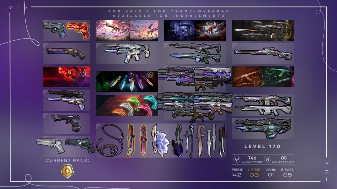 Valorant Account 42 PREMS SKIN (Category: Others) located in Cebu City. Submitted by thelivingnymph (Listing ID 1457474789, Image 1). Description: - Valorant Account Level 170 - 746 Valorant Points (VP) & 5 Radiant Points (RP) - Extensive Skin Collection: - 42 Premium Skins - 3 Limited Edition Skins - 1 Semi-Rare Skin - 5 Battle Pass Skins - 2nd owner NO WTR/RECEIPT - VIA MIDMAN - ₱12,000 only!!!! .