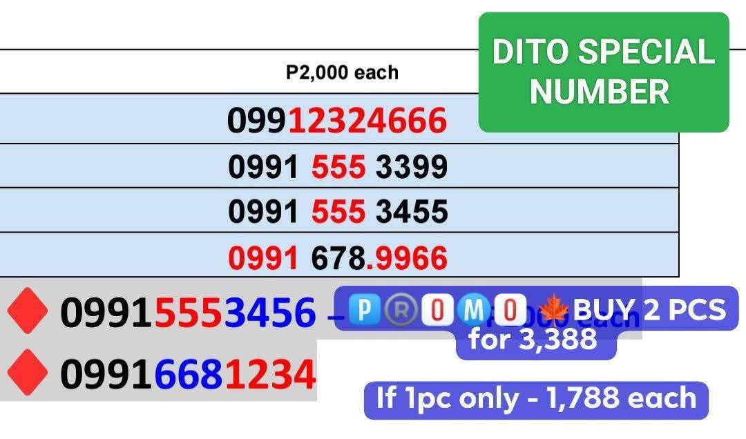 Vanity special number (Category: Sim Cards) located in Manila. Submitted by seligrac (Listing ID 1457494404, Image 3). Description: for sale DITO SPECIAL NUMBER price varies... pls see picture for reference..