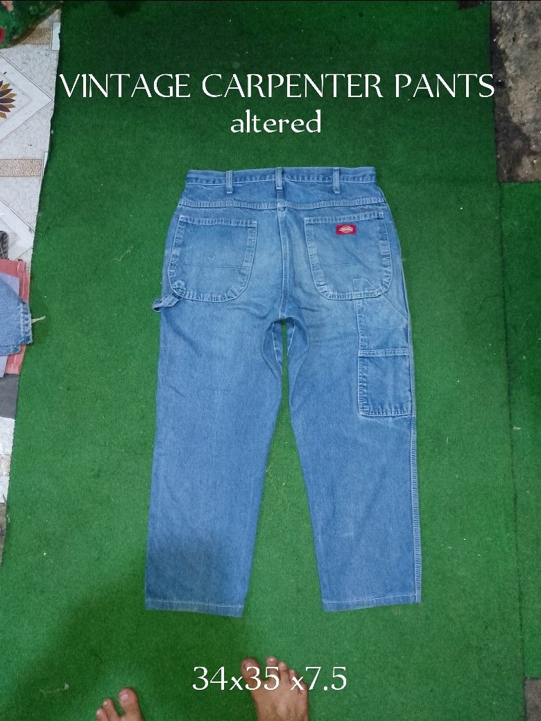 Vintage Dickies Carpenter Pants Altered (Category: Jeans) located in Cainta. Submitted by jheyypagudar (Listing ID 1457468413, Image 1). Description: - Vintage Dickies Carpenter Pants - Size: 34x35 - Leg Opening: 7.5 inches - Color: Classic Blue Denim - Features: Iconic Dickies red tab, multiple utility pockets - Condition: Altered - Style: Ideal for workwear or casual outfits.
