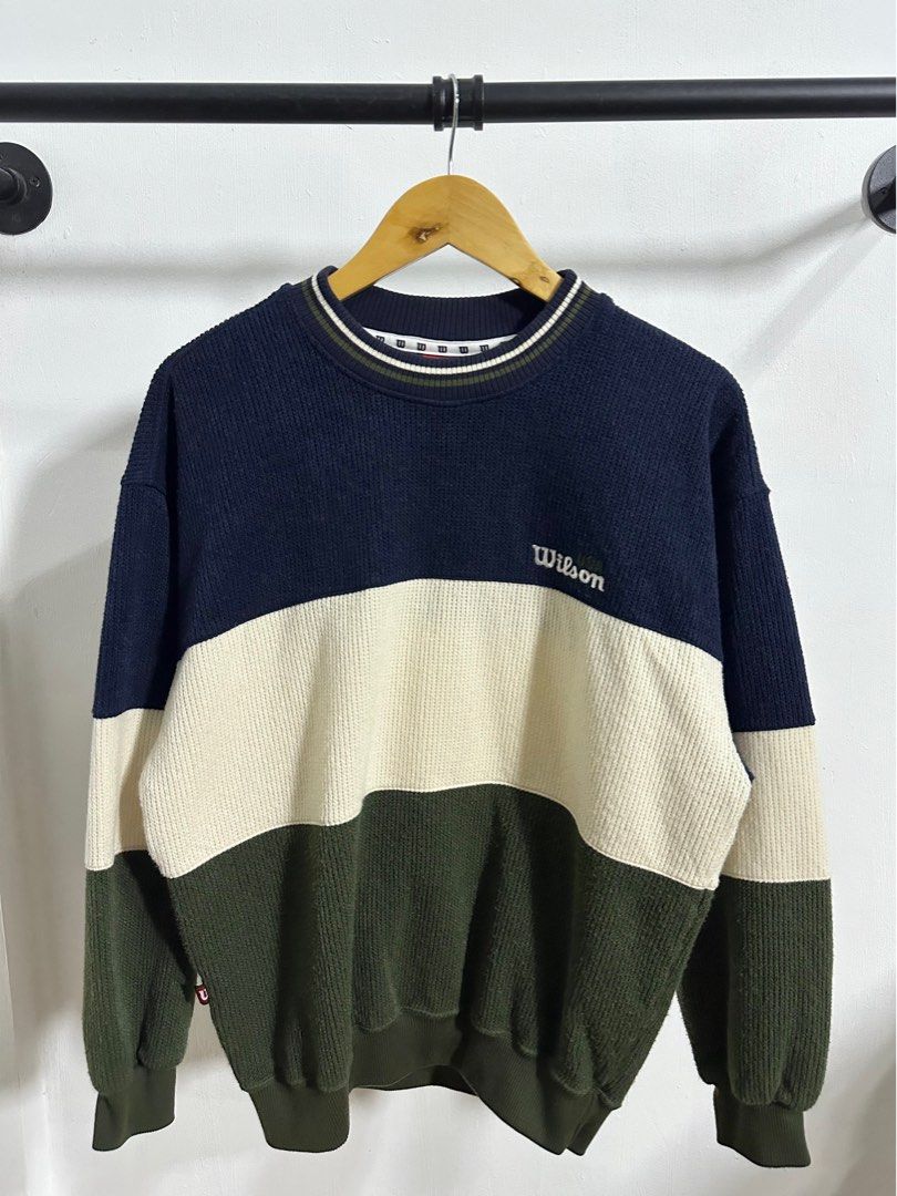 Wilson Knit Sweater (Category: Coats, Jackets and Outerwear) located in Rizal. Submitted by alour.collection (Listing ID 1457504137, Image 1). Description: Vintage 90s Colorblock Sweatshirt length: 28inch width: 23inch Sizing Note: The tag reads "L JASPO" (Japanese sizing). Condition: Excellent vintage condition. No major flaws, stains, or tears..