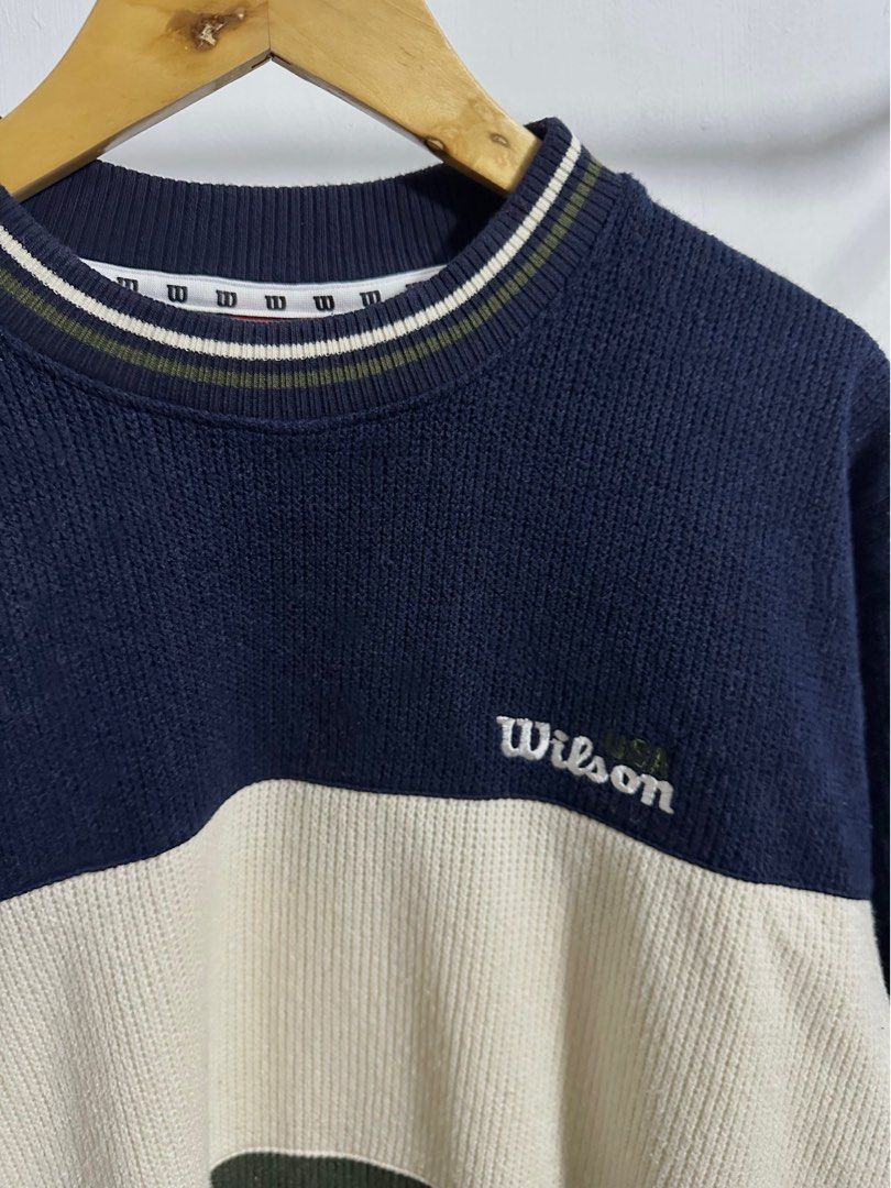 Wilson Knit Sweater (Category: Coats, Jackets and Outerwear) located in Rizal. Submitted by alour.collection (Listing ID 1457504137, Image 2). Description: Vintage 90s Colorblock Sweatshirt length: 28inch width: 23inch Sizing Note: The tag reads "L JASPO" (Japanese sizing). Condition: Excellent vintage condition. No major flaws, stains, or tears..