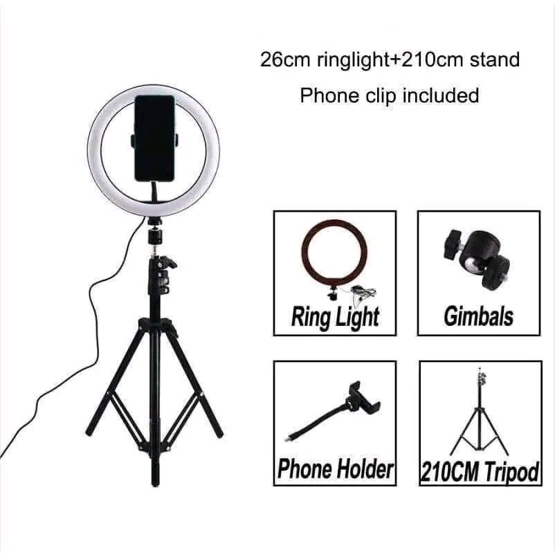26cm Ring Light with 210cm Tripod Stand & Phone Holder (Category: Lighting & Studio Equipment) located in Manila. Submitted by marvieobordo (Listing ID 1457549593, Image 1). Description: - 26cm Ring Light - 210cm Adjustable Tripod Stand - Universal Phone Clip (fits horizontally or vertically) - Perfect for selfies, vlogging, makeup tutorials, and more - Easy to set up and adjust angle - Includes remote for convenient light control - Essential for