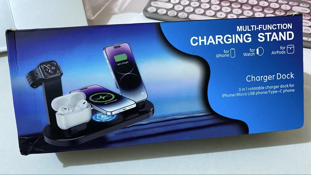 3-in-1 Multi-Function Charging Stand for iPhone, Watch, AirPods (Category: Earphones) located in Rizal. Submitted by gia_12 (Listing ID 1457687645, Image 1). Description: - 3-in-1 Rotatable Charging Stand - Charges iPhone, Apple Watch, and AirPods at the same time - Compatible with iPhone, Micro USB, and Type-C phones - Perfect for organizing your desk - Effortless charging for all your devices.