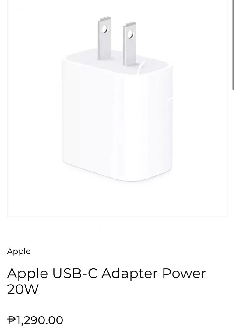 🍎 Authentic Apple USB-C Adapter Power 20W (Category: Chargers & Cables) located in Quezon City. Submitted by avenue.de.belle (Listing ID 1457679469, Image 1). Description: Brand New No Box Genuine/Authentic RFS: Declutterring 😂 Product Information The Apple 20W USB‑C Power Adapter offers fast, efficient charging at home, in the office, or on the go. While the power adapter is compatible with any USB‑C-enabled device, Apple recommends pairing it