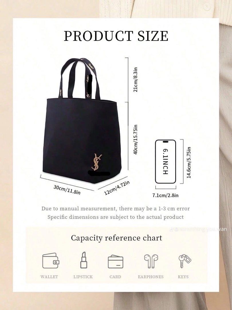 Ý$Ł Black Canvas Tote Bag (Category: Luxury Bags & Wallets) located in Mandaluyong City. Submitted by luxezvian (Listing ID 1457677287, Image 2). Description: - Stylish black canvas tote bag - Features a prominent gold Ý$ł logo - Straps have a repeating logo pattern - Dimensions: 30cm x 40cm x 12cm - Ideal for everyday use, fitting essentials like wallet, lipstick, cards, earphones, and keys.
