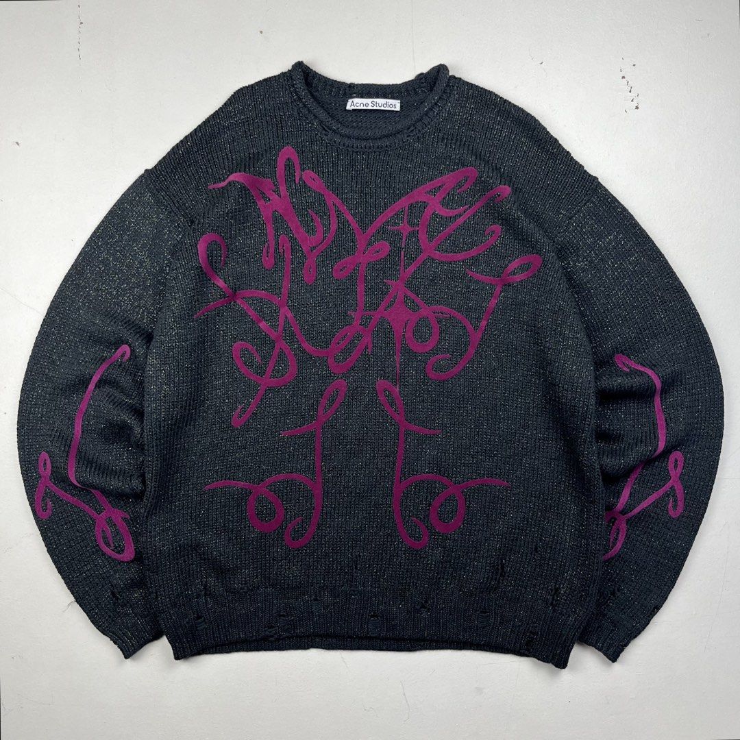 ACNE STUDIOS Kawaii Cyber Logo Distressed Sweater (Category: Luxury Apparel) located in Quezon City. Submitted by forgarments (Listing ID 1457615243, Image 3). Description: ACNE STUDIOS Kawaii Cyber Logo Distressed Sweater Excellent Condition - Has an Intentional Distressing Designs Size: Small Shoulder: 22.5 inches Chest width: 23.5 inches Sleeve: 25.5 inches Length: 28 inches Knitted from a substantial charcoal cotton-blend woven with metallic 