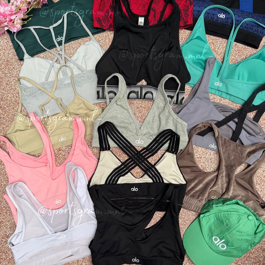 Alo Sports Bras (Category: Activewear) located in Taguig. Submitted by sbmanilaaa (Listing ID 1457596008, Image 1). Description: - Bundle of Alo Yoga sports bras - Assorted colors and styles (ribbed, criss-cross straps) - Ideal for workouts and lounging - Features Alo Yoga logo.