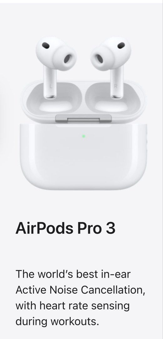 Apple AirPods Pro 3 with MagSafe Charging Case (Category: Earphones) located in Quezon City. Submitted by bbngg38 (Listing ID 1457590922, Image 2). Description: - AirPods Pro 3 with extended all-day battery life (9 to 5 and overtime). - MagSafe Charging Case features a built-in speaker and Precision Finding. - Powered by the H2 chip for redesigned acoustics and superior sound. - Industry-leading Active Noise Cancellation for immersive listening. 