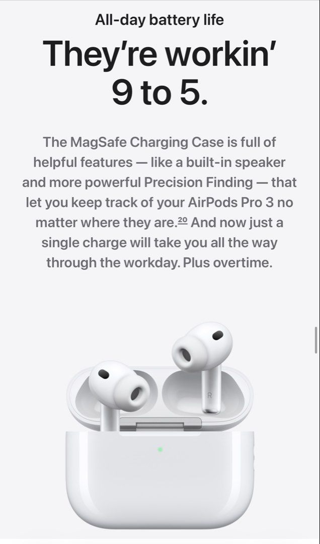 Apple AirPods Pro 3 with MagSafe Charging Case (Category: Earphones) located in Quezon City. Submitted by bbngg38 (Listing ID 1457590922, Image 1). Description: - AirPods Pro 3 with extended all-day battery life (9 to 5 and overtime). - MagSafe Charging Case features a built-in speaker and Precision Finding. - Powered by the H2 chip for redesigned acoustics and superior sound. - Industry-leading Active Noise Cancellation for immersive listening. 