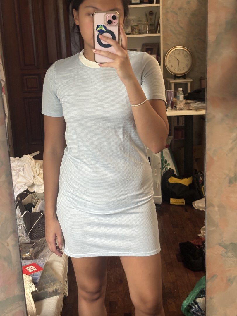 Atmosphere Light Baby Blue Mini Dress (Category: Dresses) located in Quezon City. Submitted by prebym (Listing ID 1457565566, Image 1). Description: - Light blue mini dress - Subtle texture - Short sleeves - Crew neck with cream trim - Above the knee length - Ideal for casual wear my measurements: 32” bust, 27” waist, 5’4 height helping tags: zara aranaz andante araw the line mango the editors market kultura miu the label phia the label cariño ha