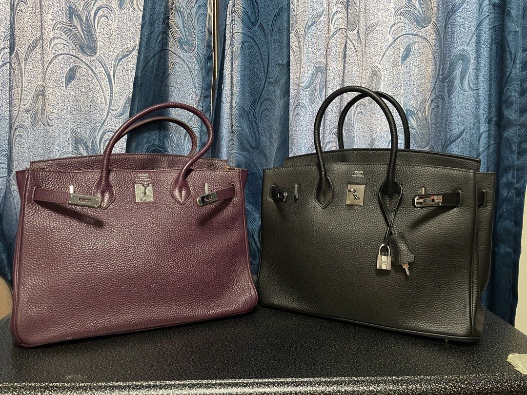 Birkin 35 sale bundle (Category: Luxury Bags & Wallets) located in Manila. Submitted by cjae_kitchen02 (Listing ID 1457605821, Image 3). Description: Get 2 for 10k (negotiable) Black - lightly used (with dust bag, lock and clochette) Purple - well used (leather issues, missing lock and clochette, dust bag provided) Japan sourced ukay (Mode off thrift in Osaka) Set your expectations on items (based on pictures) Personal bag needs to rehoming RFS: 