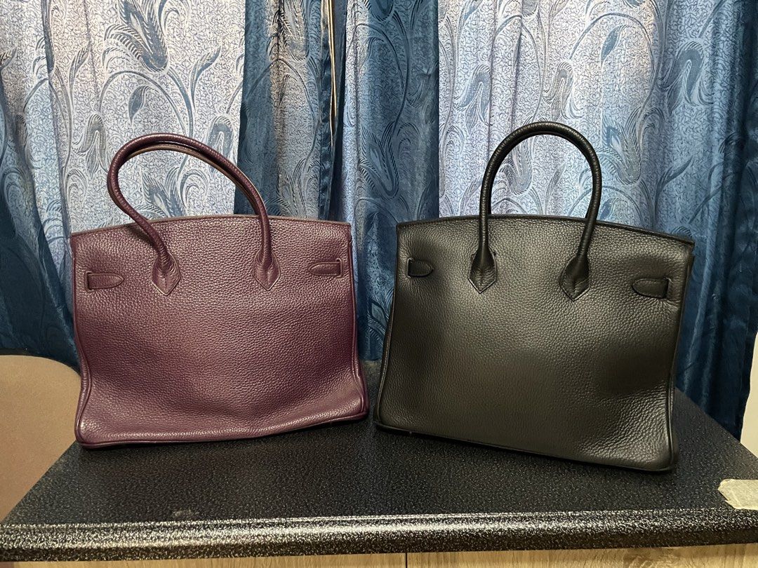Birkin 35 sale bundle (Category: Luxury Bags & Wallets) located in Manila. Submitted by cjae_kitchen02 (Listing ID 1457605821, Image 2). Description: Get 2 for 10k (negotiable) Black - lightly used (with dust bag, lock and clochette) Purple - well used (leather issues, missing lock and clochette, dust bag provided) Japan sourced ukay (Mode off thrift in Osaka) Set your expectations on items (based on pictures) Personal bag needs to rehoming RFS: 