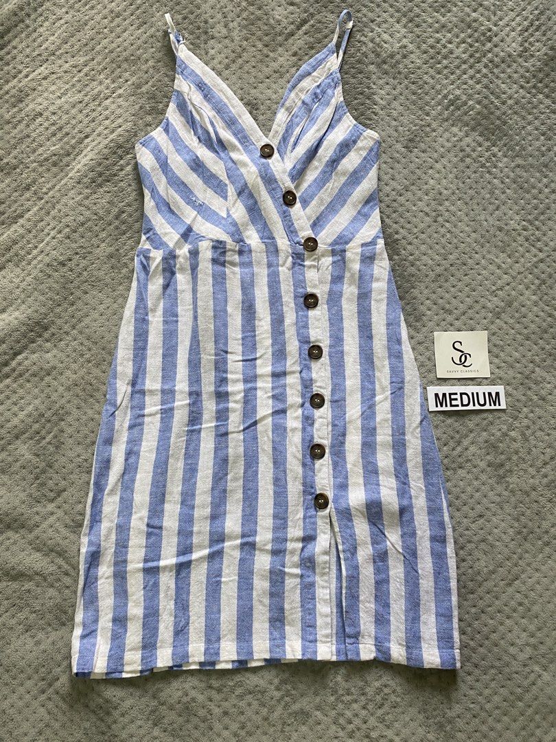 Blue and White Striped Button-Front Midi Dress - Size M (Category: Dresses) located in Ajuy. Submitted by savvyclassics (Listing ID 1457650358, Image 1). Description: see photo for issue W:28-30 L:36.