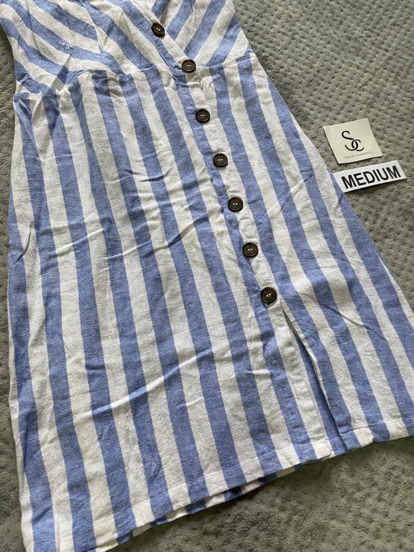 Blue and White Striped Button-Front Midi Dress - Size M (Category: Dresses) located in Ajuy. Submitted by savvyclassics (Listing ID 1457650358, Image 2). Description: see photo for issue W:28-30 L:36.