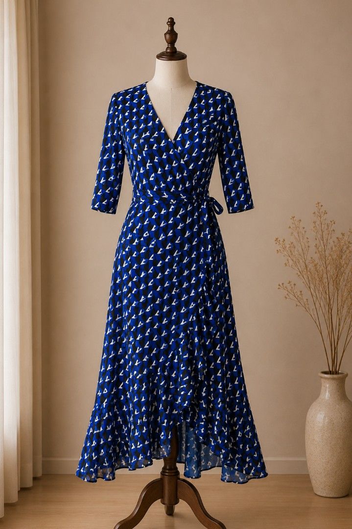 Blue Geometric Print Wrap Midi Dress (Category: Dresses) located in San Isidro. Submitted by lclbn22 (Listing ID 1457639817, Image 1). Description: - Beautiful blue wrap dress with a geometric pattern. - Midi length with a flattering -low hem. - Comfortable 3/4 sleeves. - Adjustable tie waist for a perfect fit. - Lightweight and flowy fabric. - Versatile for work or casual occasions. - MY FAV 😍.
