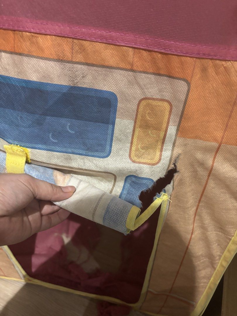 Bluey Play Tent House (Category: Infant Playtime) located in Iloilo. Submitted by yssaly (Listing ID 1457684105, Image 3). Description: Bluey Play Tent for sale! Has flaws but can be mended. Mat can be placed on the floor. The red floor got worn out over time and naghimulmol. Purchased for 3k. - Fun Bluey themed play tent for kids - Features colorful Bluey and friends graphics - Includes a door and a window for interactive play - Still offers ple
