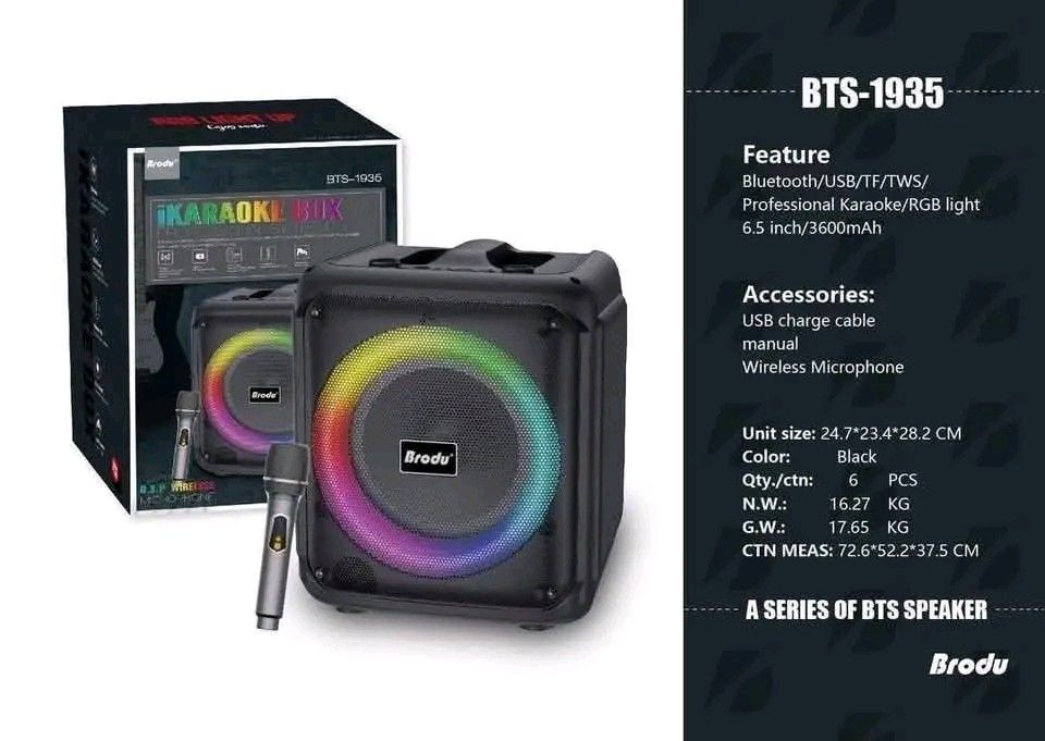 Brody BTS-1935 Bluetooth Karaoke Speaker with Microphone (Category: Soundbars, Speakers & Amplifiers) located in Manila. Submitted by marvieobordo (Listing ID 1457552077, Image 1). Description: - Portable Karaoke Speaker - Bluetooth, USB, TF, and TWS Connectivity - Professional Karaoke Sound - Vibrant RGB Lighting - Comes with 1 Wireless Microphone - Ideal for Parties & Outdoor Gatherings - Easy to Carry - Sing and Enjoy Music Anywhere.