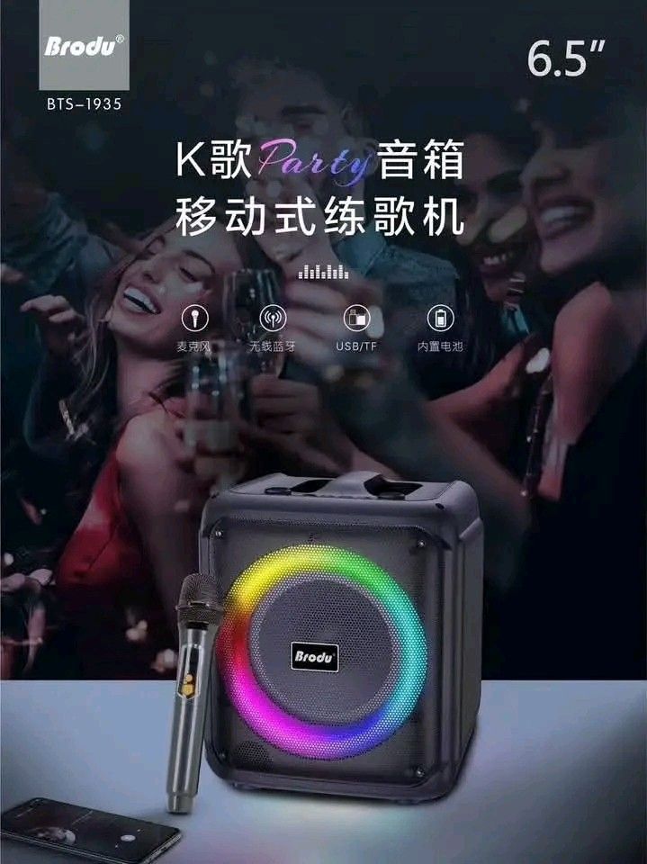 Brody BTS-1935 Bluetooth Karaoke Speaker with Microphone (Category: Soundbars, Speakers & Amplifiers) located in Manila. Submitted by marvieobordo (Listing ID 1457552077, Image 2). Description: - Portable Karaoke Speaker - Bluetooth, USB, TF, and TWS Connectivity - Professional Karaoke Sound - Vibrant RGB Lighting - Comes with 1 Wireless Microphone - Ideal for Parties & Outdoor Gatherings - Easy to Carry - Sing and Enjoy Music Anywhere.