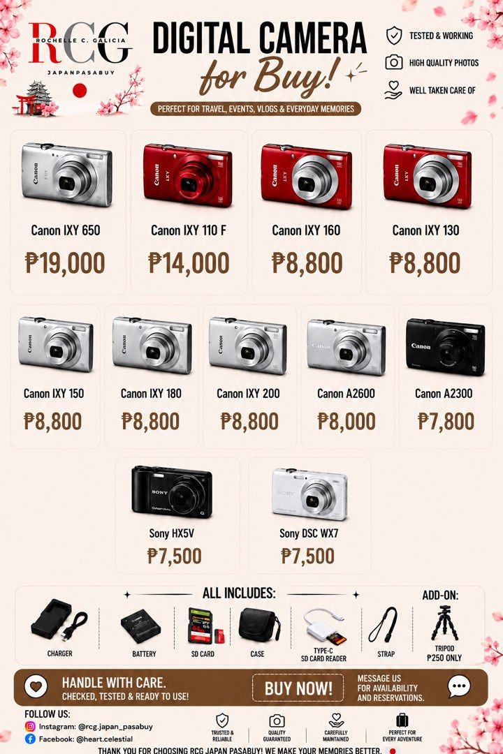 Canon and Sony Digital Cameras (Category: Cameras) located in Legazpi City. Submitted by rcg.japan_pasabuy (Listing ID 1457558833, Image 1). Description: - Canon Digital Cameras - Perfect for Travel, Vlogging, and Everyday Memories - All Cameras Tested & Working - Well Taken Care Of & Produce High-Quality Photos - FREE Accessories Included: Charger, Battery, SD Card, Case, Type-C SD Card Reader, Strap - Optional Tripod Available for P250 - Messag
