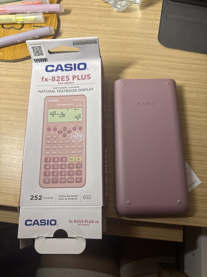 casio fx-82es plus pink scientific calculator (Category: Office & Business Technology) located in Manila. Submitted by m1tski (Listing ID 1457654382, Image 1). Description: - Brand: Casio - Model: fx-82ES PLUS (Pink) - Edition: 2nd Edition - Display: Natural Textbook Display (NATURAL-V.P.A.M.) - Functions: 252 - Features: Non-programmable scientific calculator - Condition: Comes with original packaging.
