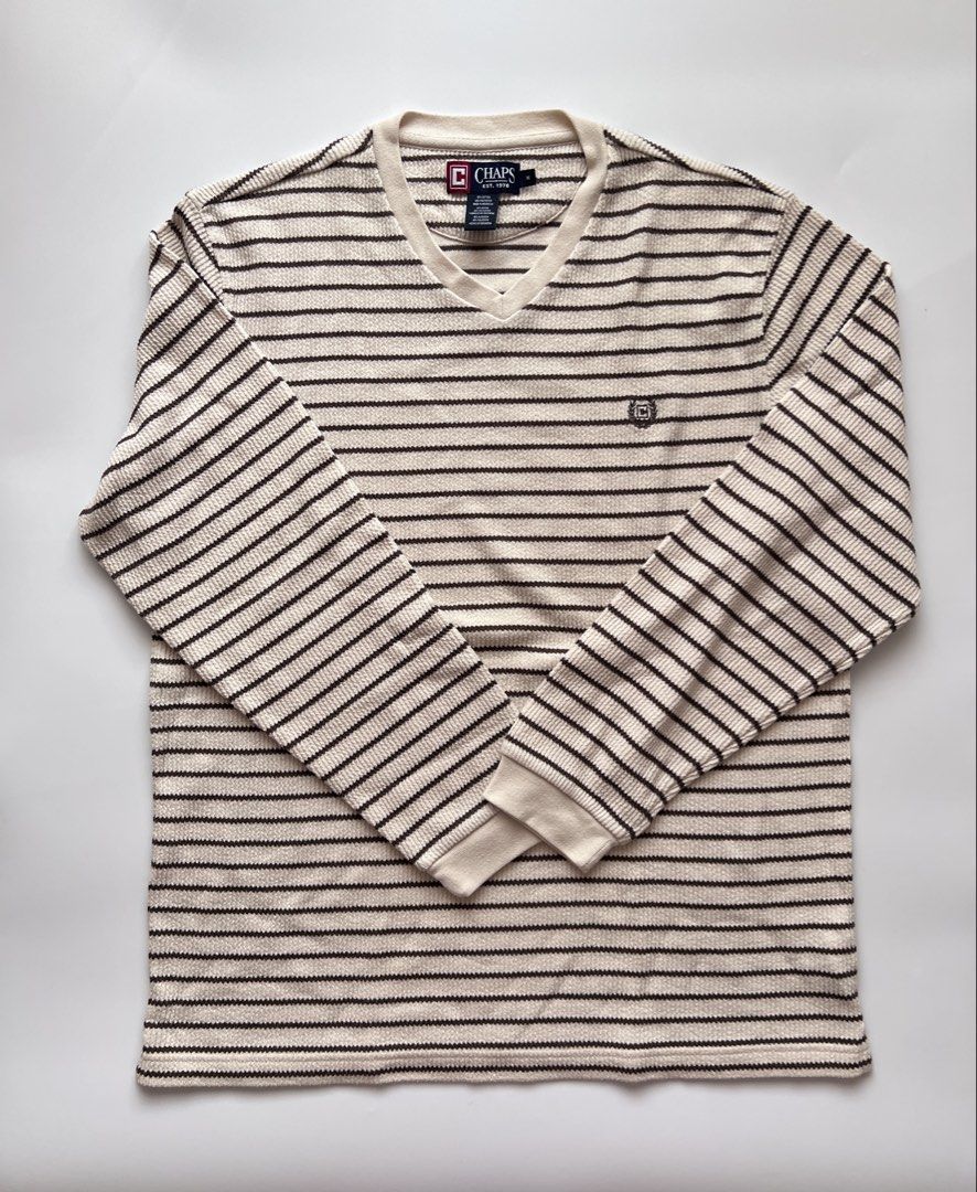chaps ribbed v-neck sweater (Category: Tshirts & Polo Shirts ) located in Dasmarinas. Submitted by pinex (Listing ID 1457672237, Image 2). Description: - cream and black striped v-neck sweater - ribbed - small embroidered brand logo on the chest.