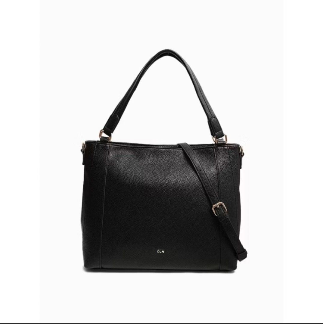 CLN Leira shoulder bag (Category: Shoulder Bags) located in Santa Cruz. Submitted by beabagos (Listing ID 1457614496, Image 1). Description: - Brand: CLN - Material: Black pebbled leather - Style: Tote bag - Features: Top handles, adjustable shoulder strap - Compartments: Zip main compartment with interior slip pockets, back exterior zip pocket - Hardware: Gold-tone - Design: Simple and classic.