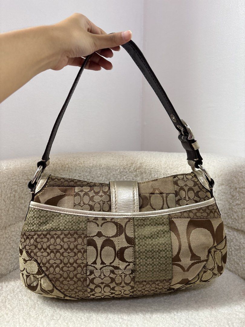 Coach Signature Patchwork Shoulder Bag (Category: Luxury Bags & Wallets) located in Manila. Submitted by _thepursela (Listing ID 1457655187, Image 3). Description: - Classic Coach shoulder bag - Signature C pattern with patchwork details - Tan and olive green color scheme - Gold-tone buckle closure - Genuine leather strap - Ideal for everyday use.