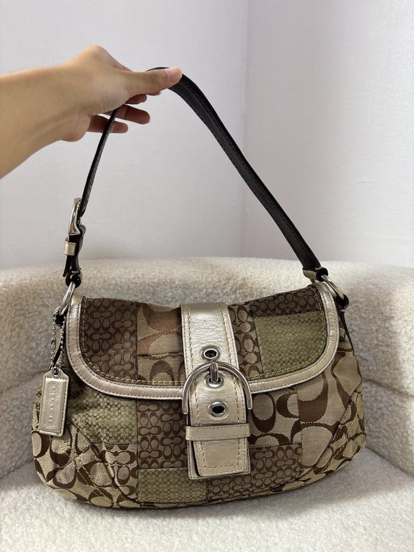 Coach Signature Patchwork Shoulder Bag (Category: Luxury Bags & Wallets) located in Manila. Submitted by _thepursela (Listing ID 1457655187, Image 2). Description: - Classic Coach shoulder bag - Signature C pattern with patchwork details - Tan and olive green color scheme - Gold-tone buckle closure - Genuine leather strap - Ideal for everyday use.
