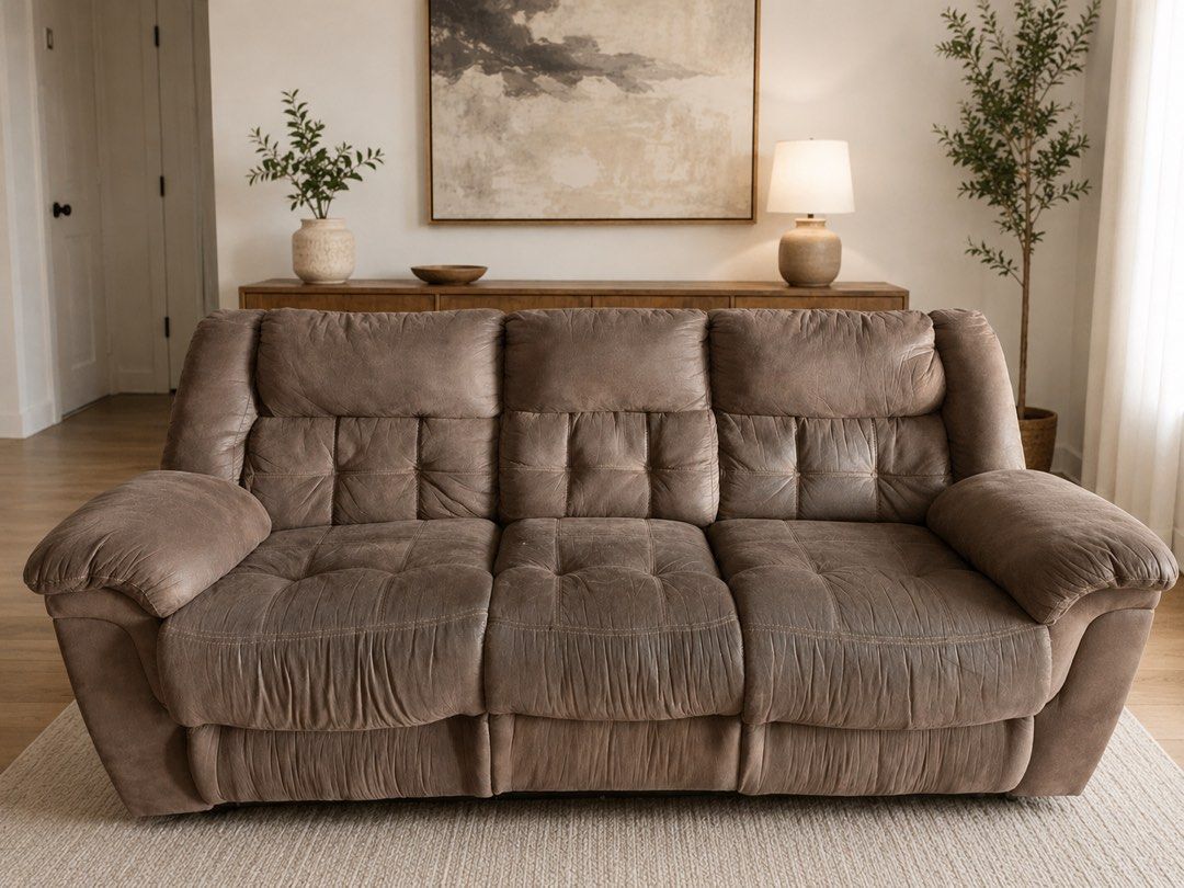 Comfortable Brown and Tufted Reclining couch Sofa (Category: Sofas) located in Pasig City. Submitted by greatlookforless (Listing ID 1457562988, Image 1). Description: - Big and Comfortable soft cozy couch sofa -genuine leather - Features tufted back and seat cushions for added comfort - Versatile brown color complements various home decors - Ideal for lounging and relaxing - Spacious enough for the whole family - A great addition to your living 