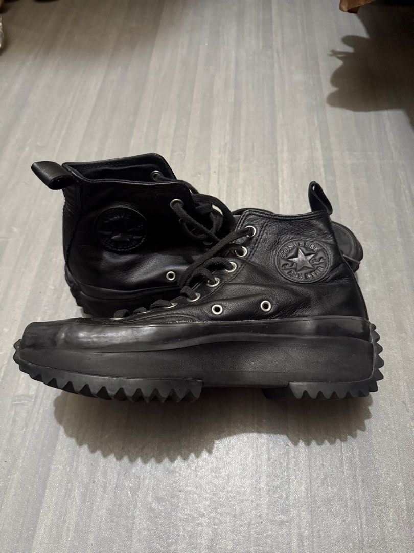 Converse Run Star Hike Hi in a triple black (Category: Sneakers) located in Cagayan de Oro. Submitted by twice.but.nice.blackmarket (Listing ID 1457577150, Image 1). Description: The Converse Run Star Hike Hi in a triple black leather colorway, showcasing an all-black leather upper atop an exaggerated, jagged lugged platform sole. Excellent condition ! No issues only sign of use but not visible! Size: 8 Men’s / 8.5 Women’s on tag!.