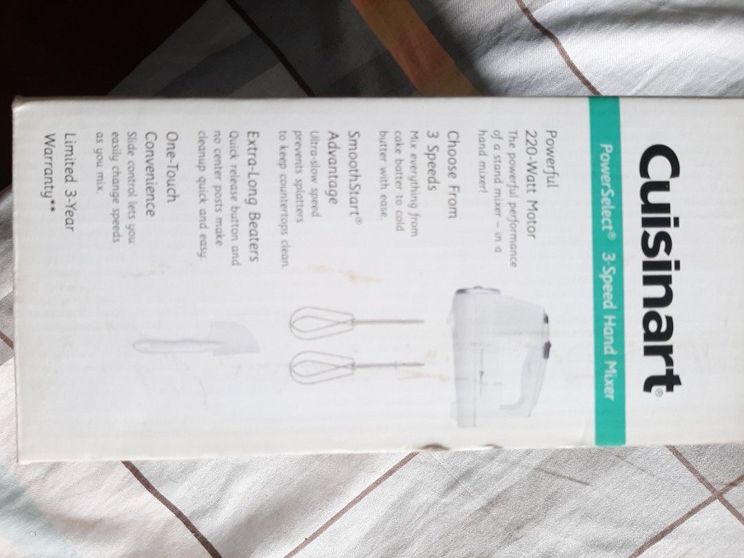 Cuisinart 3 Powerselect 3speed Handmixer (Category: Other Kitchen Appliances) located in Manila. Submitted by akikooya (Listing ID 1457640352, Image 2). Description: Brand New Open Box- Never used. Chineck lang yung item sa loob. Mall Price-P7000. Save P2000! INCLUDED: Mixer + Stainless Beaters + Spatula + Manual + Box SPECS: 220W, 3 speeds, Smooth start, Self Cleaning Beaters NOTE: Box has damage from opening, Item 100% new and working. Perfect 