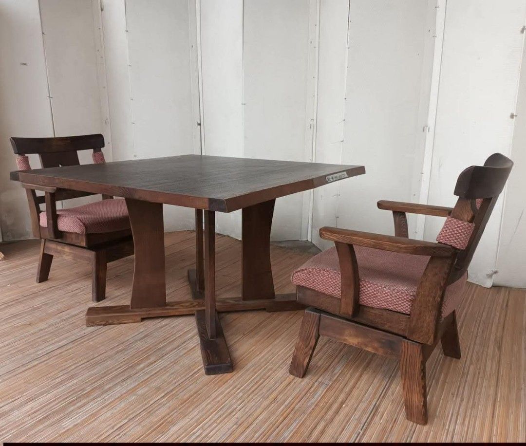 Dining Table (Category: Tables & Sets) located in Meycauayan. Submitted by marygracecasimiro (Listing ID 1457626475, Image 2). Description: Solid Wood Dining Set Table / 2pc Swivel Armchair Price: 10,500 Table: L43 x W43 x H27 Chair: L25 x W23 x H16/31 In good condition💜💜.