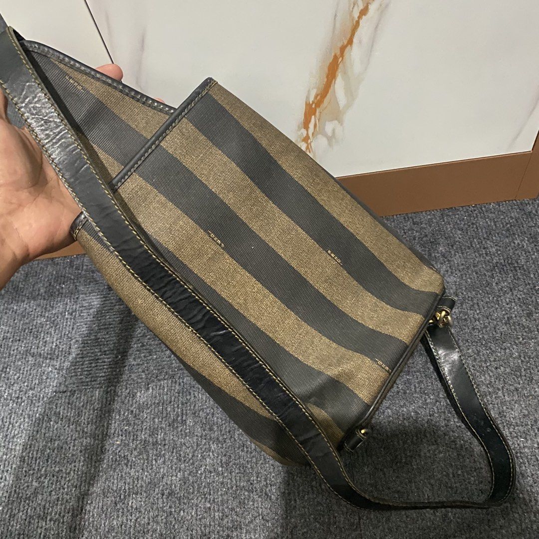 Fendi Peguin Sling Backpack (Category: Luxury Bags & Wallets) located in Baliuag. Submitted by n2s01 (Listing ID 1457585556, Image 2). Description: - Fendi Backpack - From the 2006 Collection - Vintage - Brown - Pequin Pattern - Gold Tone Hardware - Single Adjustable Shoulder Strap - Leather Trim Embellishment - Canvas Lining & Single Interior Pocket - Snap Closure at Front.