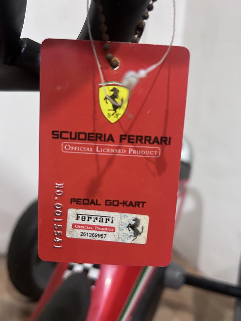 Ferrari Go Kart (Category: Kids Toys) located in Del Monte. Submitted by cheezy_aissa (Listing ID 1457581454, Image 3). Description: KIDS-FRIENDLY GO KART - Ferrari four-wheeled pedal go kart is recommended for ages 2-6 years old. It has adjustable steering wheels and saddle so it virtually grows with your child SUPER LIGHT PEDALING AND CONTROLLED STEERING - You have full control of the steering wheel and pedals as they are operated independently