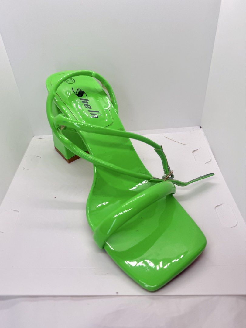 Green block heel sandals 7.5 US (Category: Heels) located in Mandaluyong City. Submitted by cherryspicks (Listing ID 1457625861, Image 2). Description: Size US 7.5. Used once only. Bright neon green , comfortable height. Some parts of the strap have come loose, but one can easily stick them back together with super glue! .