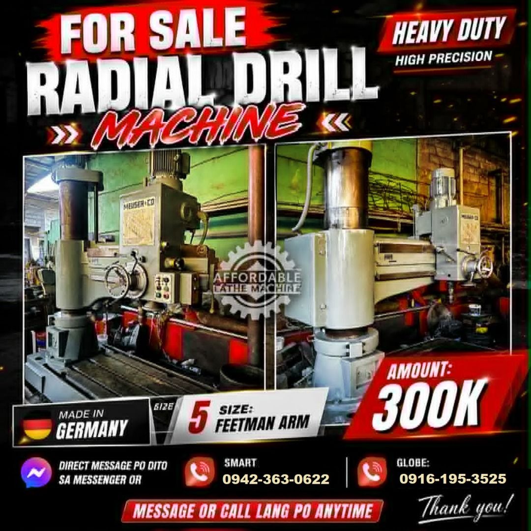 Heavy Duty Radial Drill Machine - Made in Germany (Category: Construction Tools & Equipment) located in Norzagaray. Submitted by cosmicmoon_86a1f5 (Listing ID 1457556421, Image 1). Description: - Heavy-duty radial drill machine - Made in Germany - 5-feet arm length - High-precision and robust - Ideal for workshop use - Price: PHP 300,000 -- Inquiries: EDWIN MANANSALA - Contact Numbers: 09161953525 / 09423630622 DIRECT BUYERS ONLY.