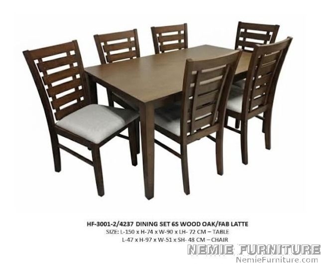 HF3001-2 / 4237 dining table with 6 chairs (Category: Tables & Sets) located in Quezon City. Submitted by nemiefurniture (Listing ID 1457595100, Image 1). Description: - Complete 6-seater dining set - Table: Solid oak wood, dimensions 150cm L x 90cm W x 74cm H - Chairs: 6 latte fabric chairs, dimensions 47cm L x 51cm W x 97cm H (seat height 48cm) - Ideal for family meals and entertaining - Sturdy construction with a stylish design https://nemiefu