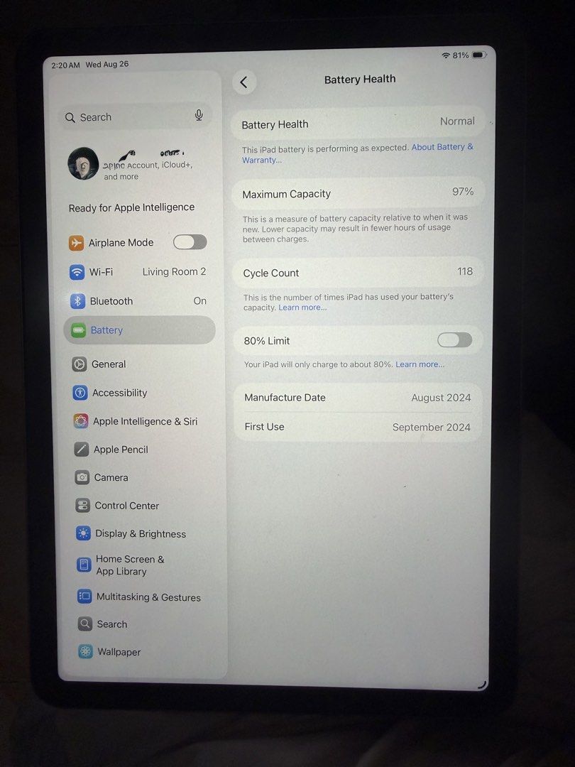 IPad Air M2 (128GB) w/ Box & Charger (Category: iPad) located in Santa Maria. Submitted by naquimenru82722 (Listing ID 1457695899, Image 2). Description: IPad Air M2 (128GB) w/ Box & Charger ₱30,000 Selling my well-taken care of Apple gear. Pristine condition (makinis at alaga), and no hidden issues. - iPad Air M2 (128GB): ₱30,000 • Battery Health: Normal at 97% • Cycle Count: Only 117 cycles • Inclusions: Complete with box, original charger, and