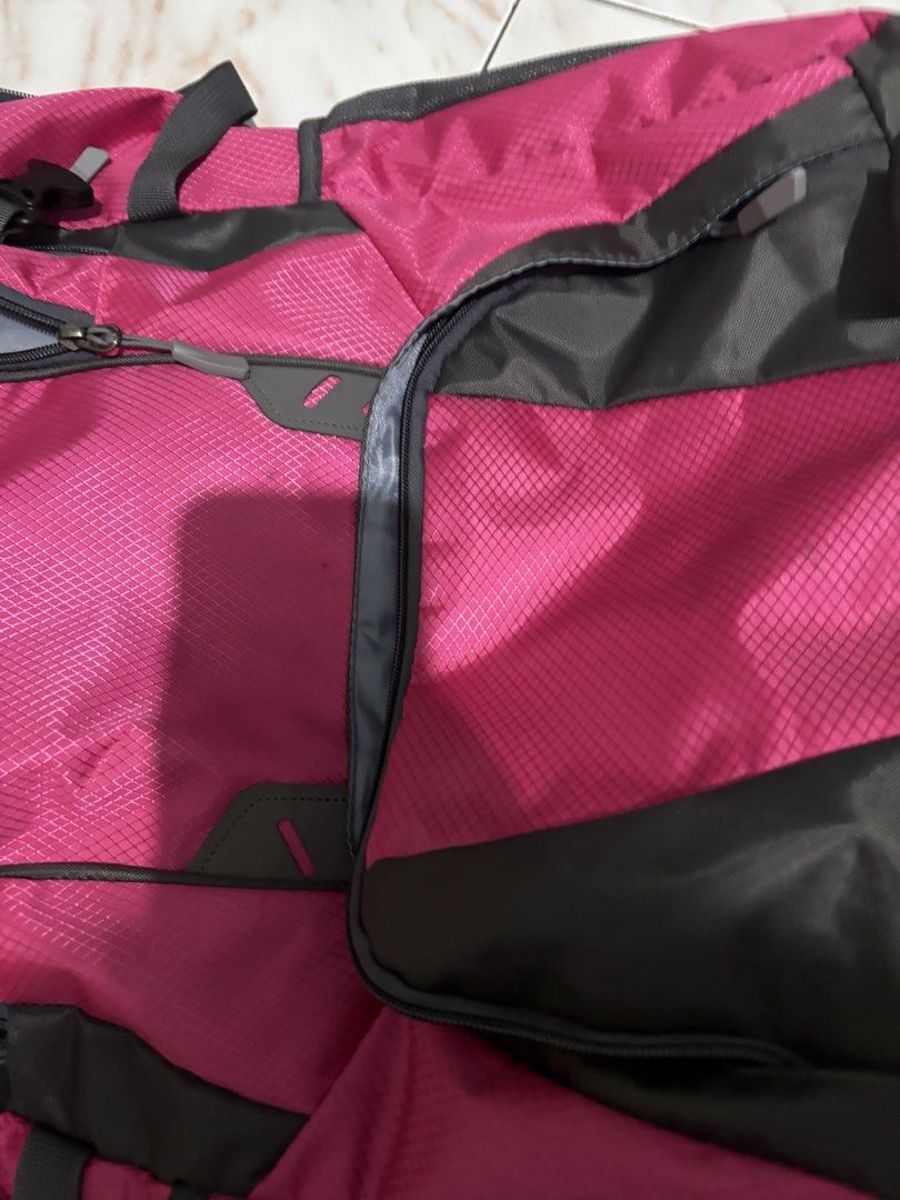 Island Elephant Pink Backpack Travel Backpack 80L (Category: Backpacks) located in Cainta. Submitted by jannarubyjane (Listing ID 1457708966, Image 2). Description: - 80L, used for two days only - Pink backpack with grey accents - Multiple zippered compartments - Spacious main compartment - Adjustable straps - Ideal for school or travel - Shows some signs of wear.
