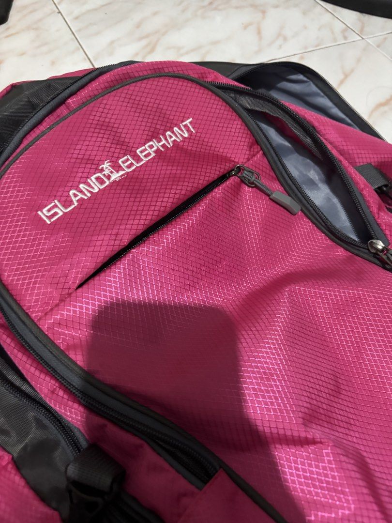 Island Elephant Pink Backpack Travel Backpack 80L (Category: Backpacks) located in Cainta. Submitted by jannarubyjane (Listing ID 1457708966, Image 3). Description: - 80L, used for two days only - Pink backpack with grey accents - Multiple zippered compartments - Spacious main compartment - Adjustable straps - Ideal for school or travel - Shows some signs of wear.