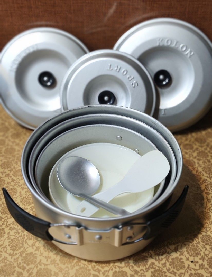 Kolon Sport nested aluminum camping mess kit (Category: Hiking & Camping) located in Manila. Submitted by thrifts_style (Listing ID 1457682525, Image 3). Description: Kolon Sport nested aluminum camping mess kit.