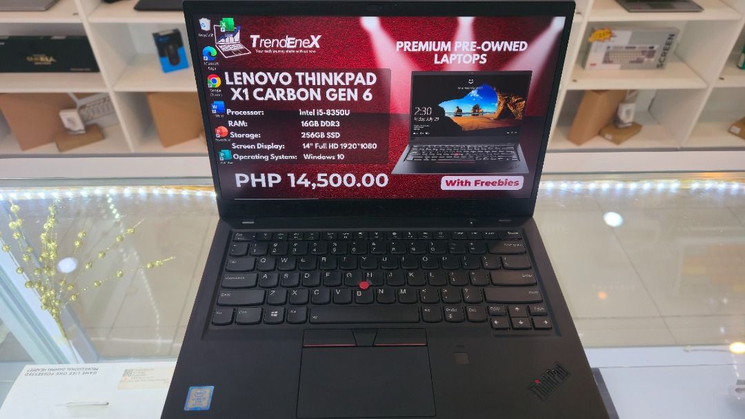 Lenovo Thinkpad x1 carbon gen6 touchscreen (Category: Laptops & Notebooks) located in Manila. Submitted by francissyronald (Listing ID 1457540492, Image 3). Description: Lenovo Thinkpad x1 carbon gen6 touchscreen (pre-owned) srp = 14,500 • intel i5 8th gen with 16gb ddr3 • 256gb nvme SSD ( upgradable ) • 14 inches Full HD display • Windows 10 • charger/adapter included **with freebies ( mouse, laptop sleeve & box ) with 1 year warranty and two we