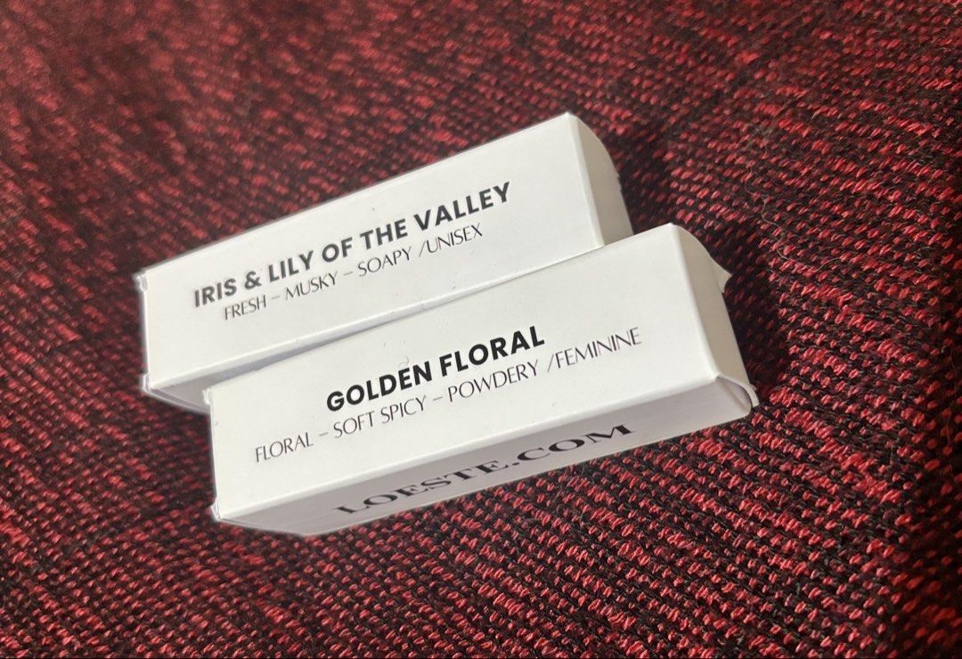 Loeste Perfume Samples - Iris & Lily, Golden Floral (Category: Fragrance & Deodorants) located in Las Pinas. Submitted by katb86 (Listing ID 1457659293, Image 1). Description: - Two Loeste perfume samples included. - Scent 1: Iris & Lily of the Valley - described as fresh, musky, and soapy. - Scent 2: Golden Floral - described as floral, soft, spicy, and powdery. - Each sample is 3ml Eau de Parfum. - Ideal for testing out new fragrances before co