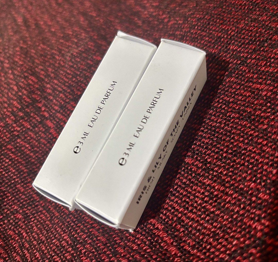 Loeste Perfume Samples - Iris & Lily, Golden Floral (Category: Fragrance & Deodorants) located in Las Pinas. Submitted by katb86 (Listing ID 1457659293, Image 3). Description: - Two Loeste perfume samples included. - Scent 1: Iris & Lily of the Valley - described as fresh, musky, and soapy. - Scent 2: Golden Floral - described as floral, soft, spicy, and powdery. - Each sample is 3ml Eau de Parfum. - Ideal for testing out new fragrances before co
