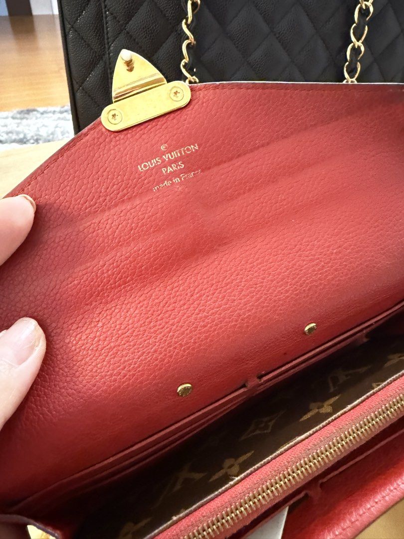 Louis Vuitton Pallas Long Wallet (Category: Luxury Bags & Wallets) located in Cainta. Submitted by thekikaymachine (Listing ID 1457660696, Image 3). Description: - Authentic Louis Vuitton Wallet - Classic Monogram Canvas - Contrasting Red Leather Flap and Interior - Multiple Card Slots - Zippered Coin Pocket - Made in France - Includes Original Box and Dust Bag.