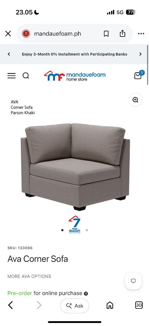 Mandaue Foam Ava Corner Sofa - Parson Khaki (Category: Sofas) located in San Juan City. Submitted by mariellahillary31 (Listing ID 1457695978, Image 2). Description: Mandaue Foam Ava Corner Sof- almost new 8 Month-Old 🛋️ * Mandaue Foam Ava Corner Sofa * Color: Khaki * Condition: Excellent /almost unused * Warranty: Still under 7-year warranty * Features: Fits perfectly in corners, comfortable seating Original Price: P13,000 Reason for selling: W